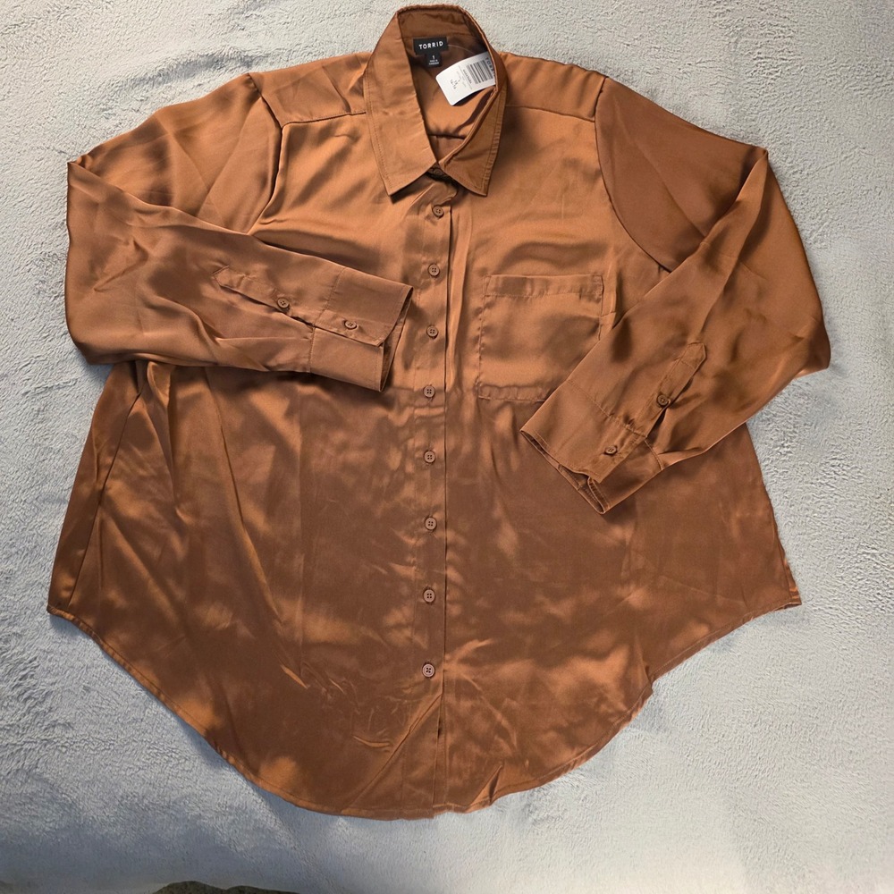 Torrid Luxe Charm Relaxed Button Up Collared Shirt Mink Brown Satin Size 1 1X